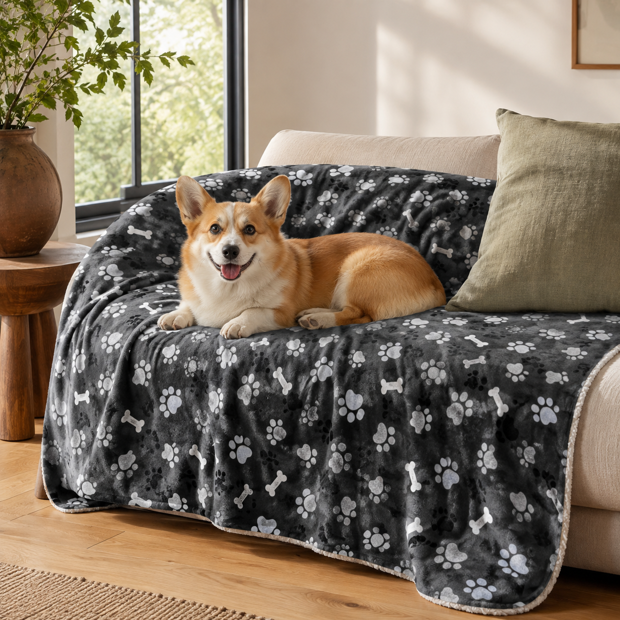 Grey paw-print pet blanket — lifestyle
