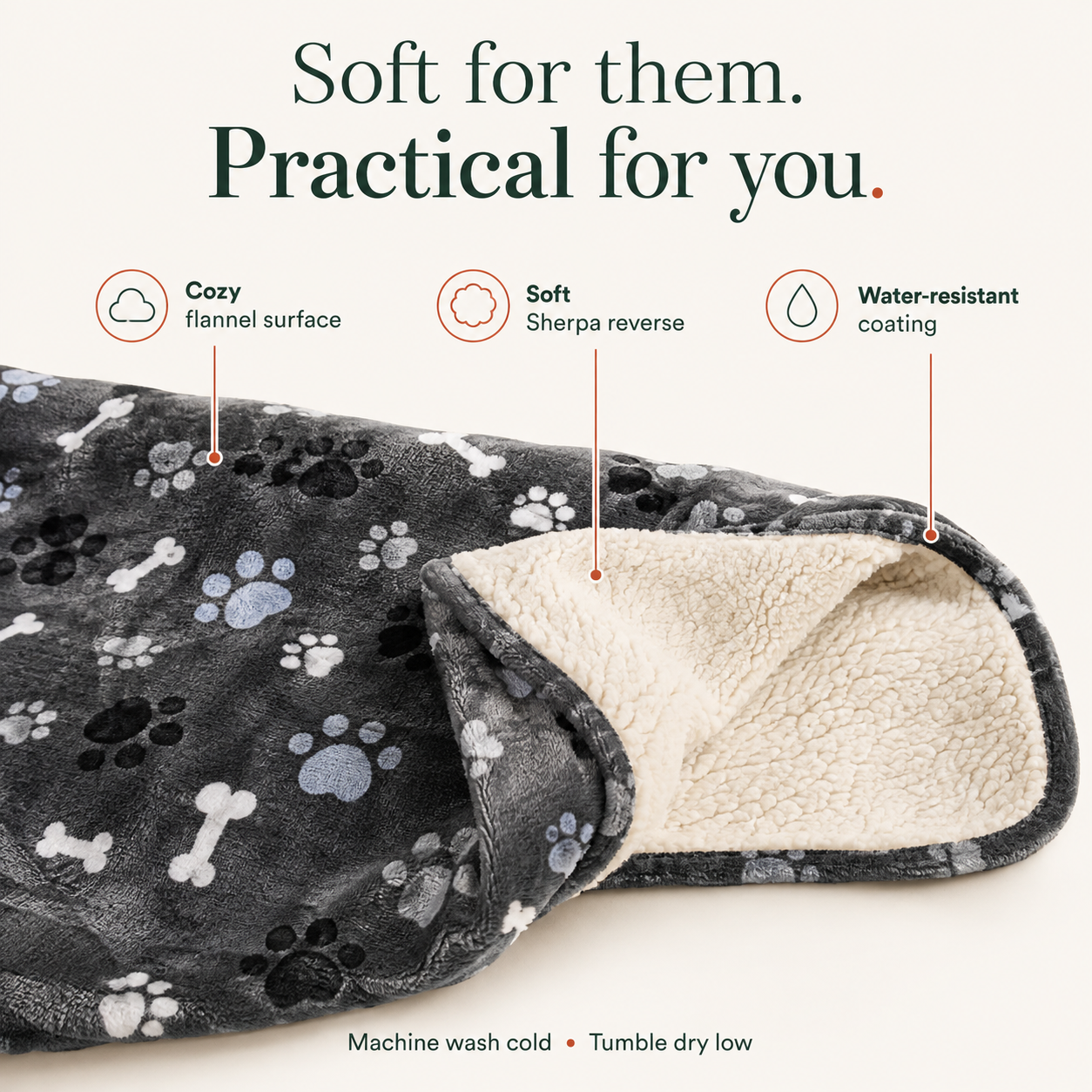 Blanket details: cozy flannel surface, soft Sherpa reverse, water-resistant coating. Machine wash cold and tumble dry low.