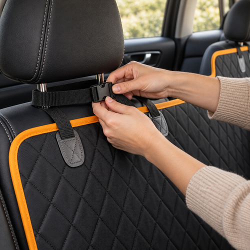 Backseat Buddy black quilted car cover with orange trim close-up detail