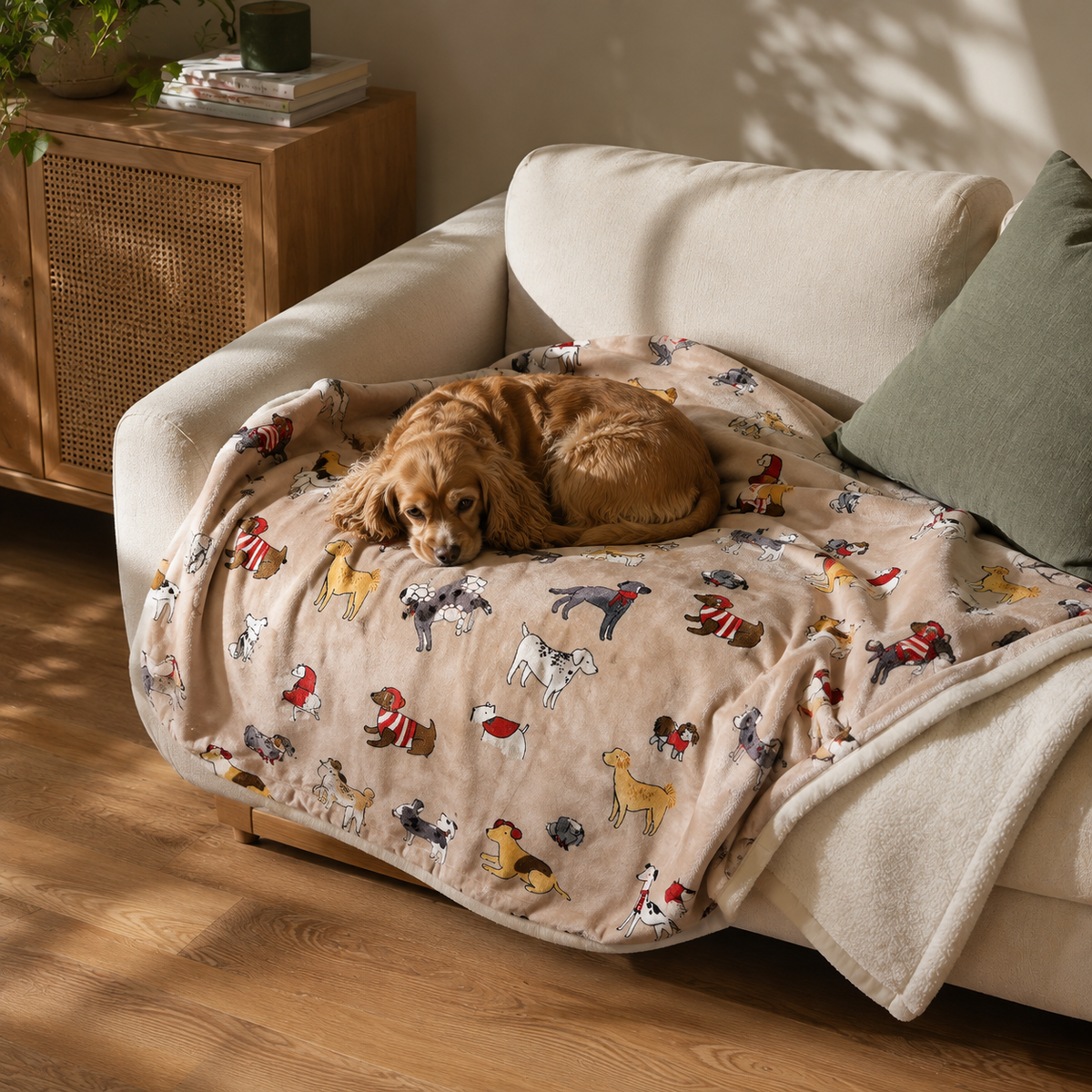 Dog Days Flannel Throw with illustrated dog print on an armchair