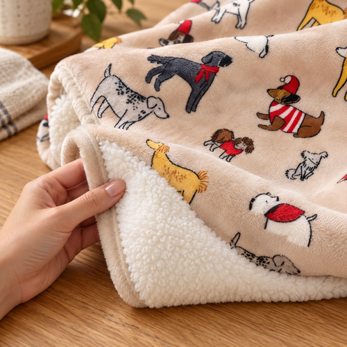 Dog Days Flannel Throw with illustrated dog print close-up detail