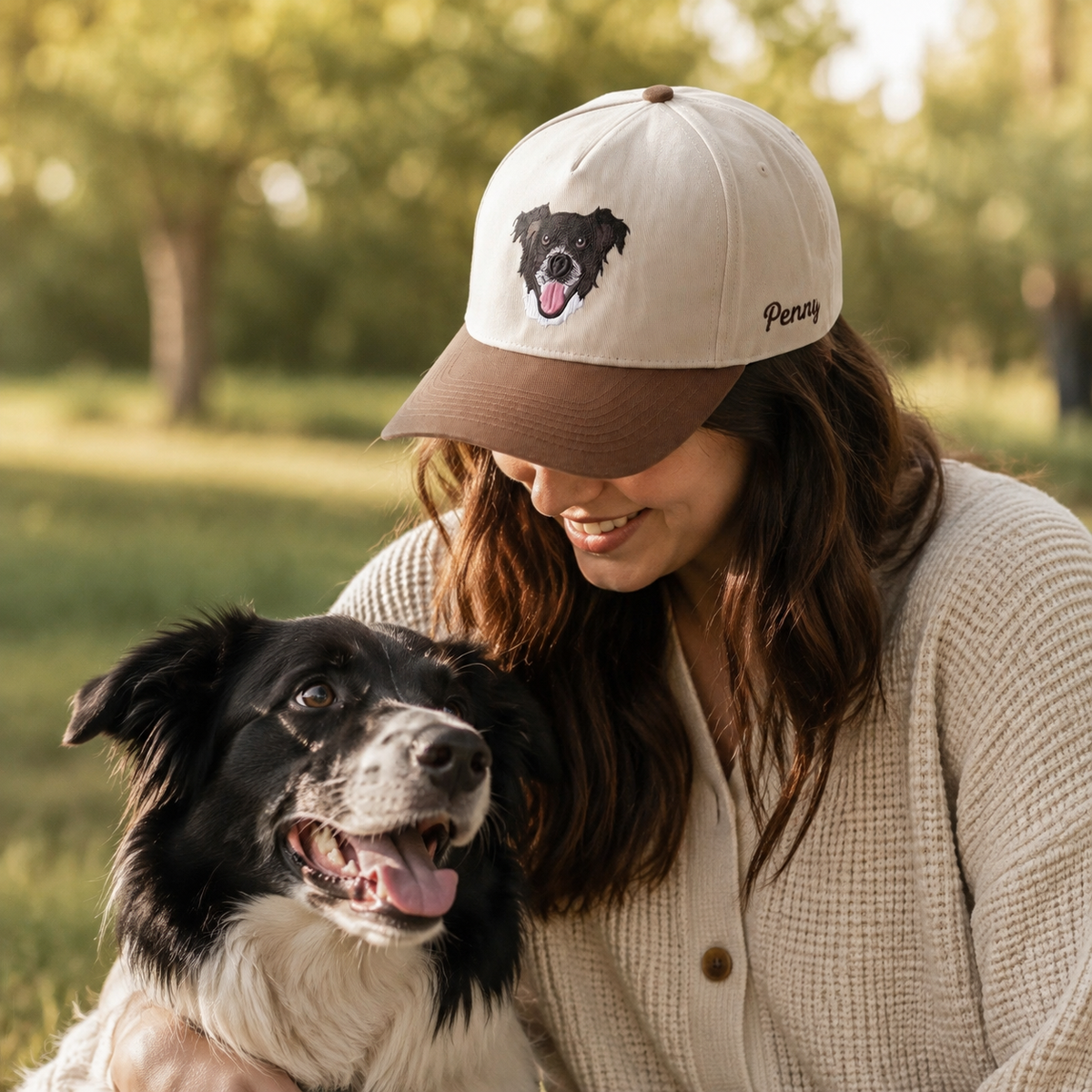 Personalized pet portrait cap in cream and brown in an everyday setting