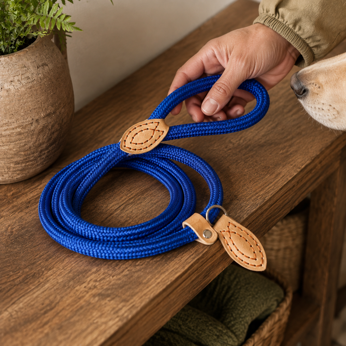 Everyday Rope Slip Lead in blue in an everyday setting