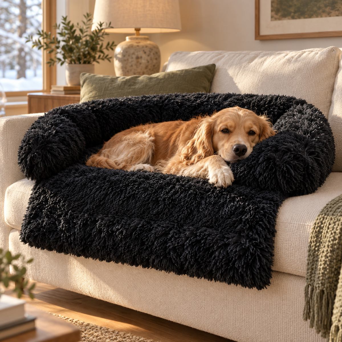Cloud Corner Plush Pet Lounger in black in an everyday setting