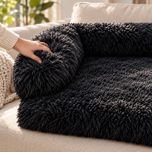 Cloud Corner Plush Pet Lounger in black close-up detail