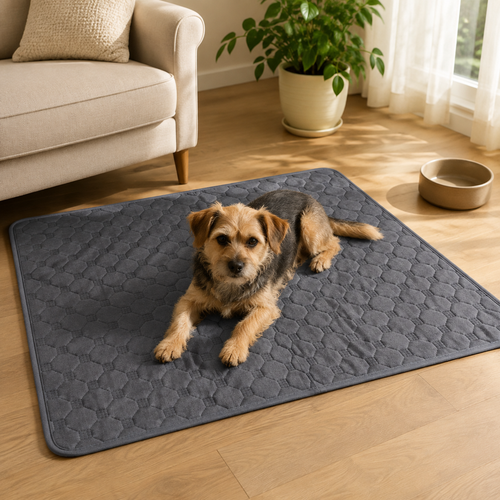 Grey washable pet pad — lifestyle