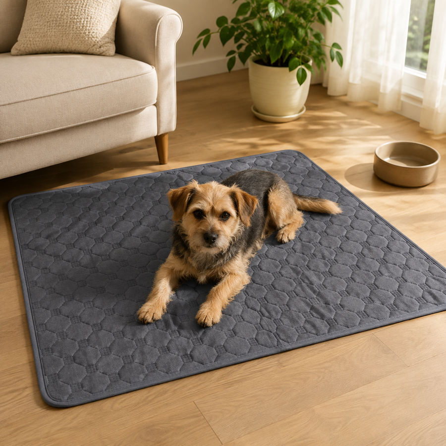 Grey washable pet pad — lifestyle