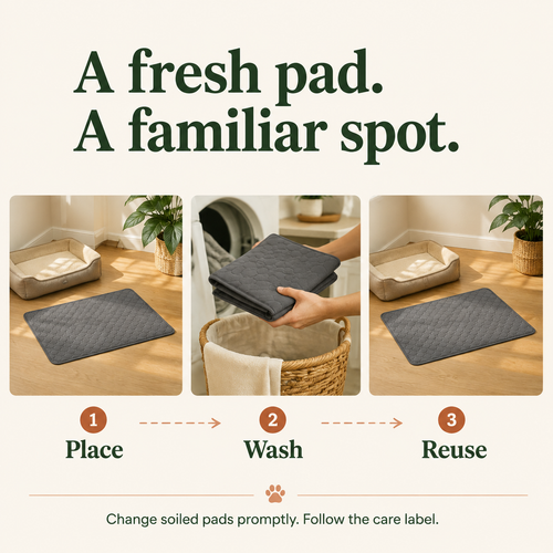 Grey washable pet pad — routine