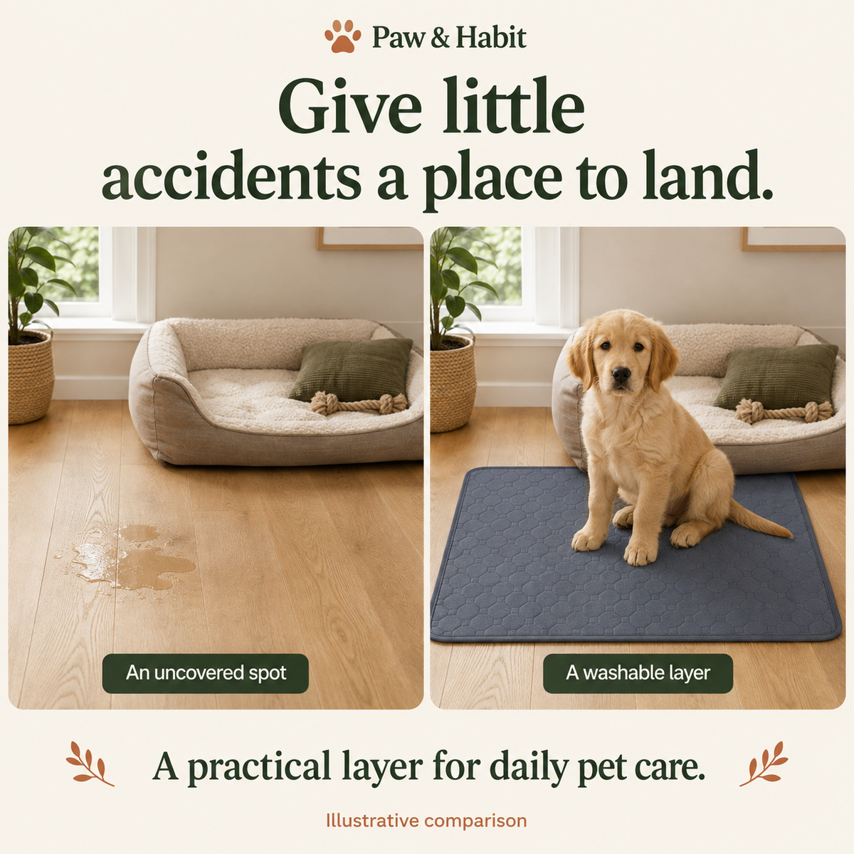 Illustrative comparison: an uncovered floor spot and a washable pad placed over the pet resting area.