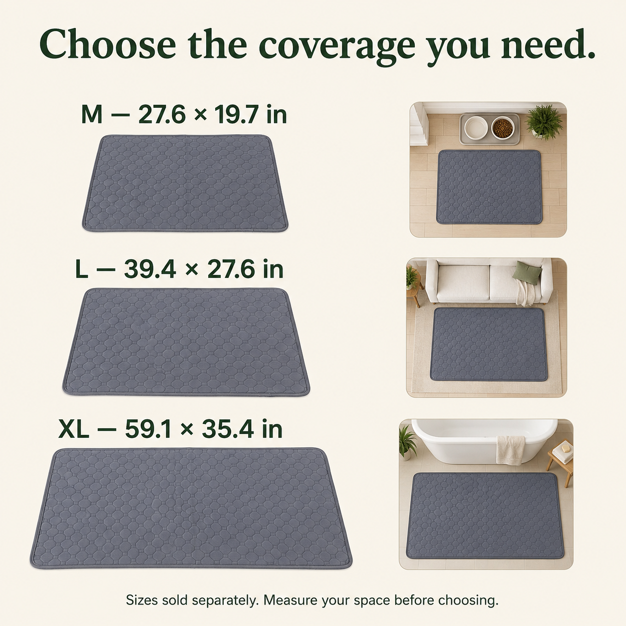 Pad sizes sold separately: Medium 27.6 by 19.7 inches; Large 39.4 by 27.6 inches; Extra Large 59.1 by 35.4 inches.