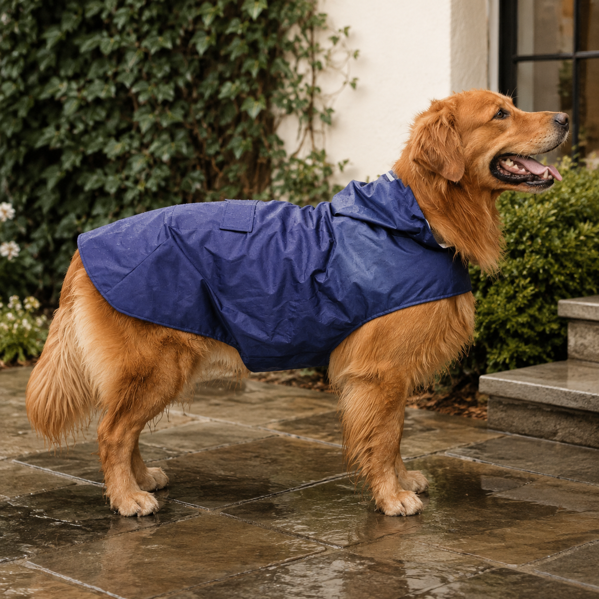 Rain Ready Dog Poncho in blue and purple in an everyday setting