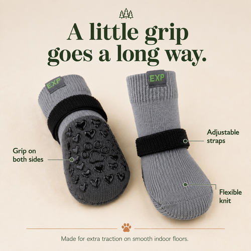 Grey EXPAWLORER indoor grip socks — benefits