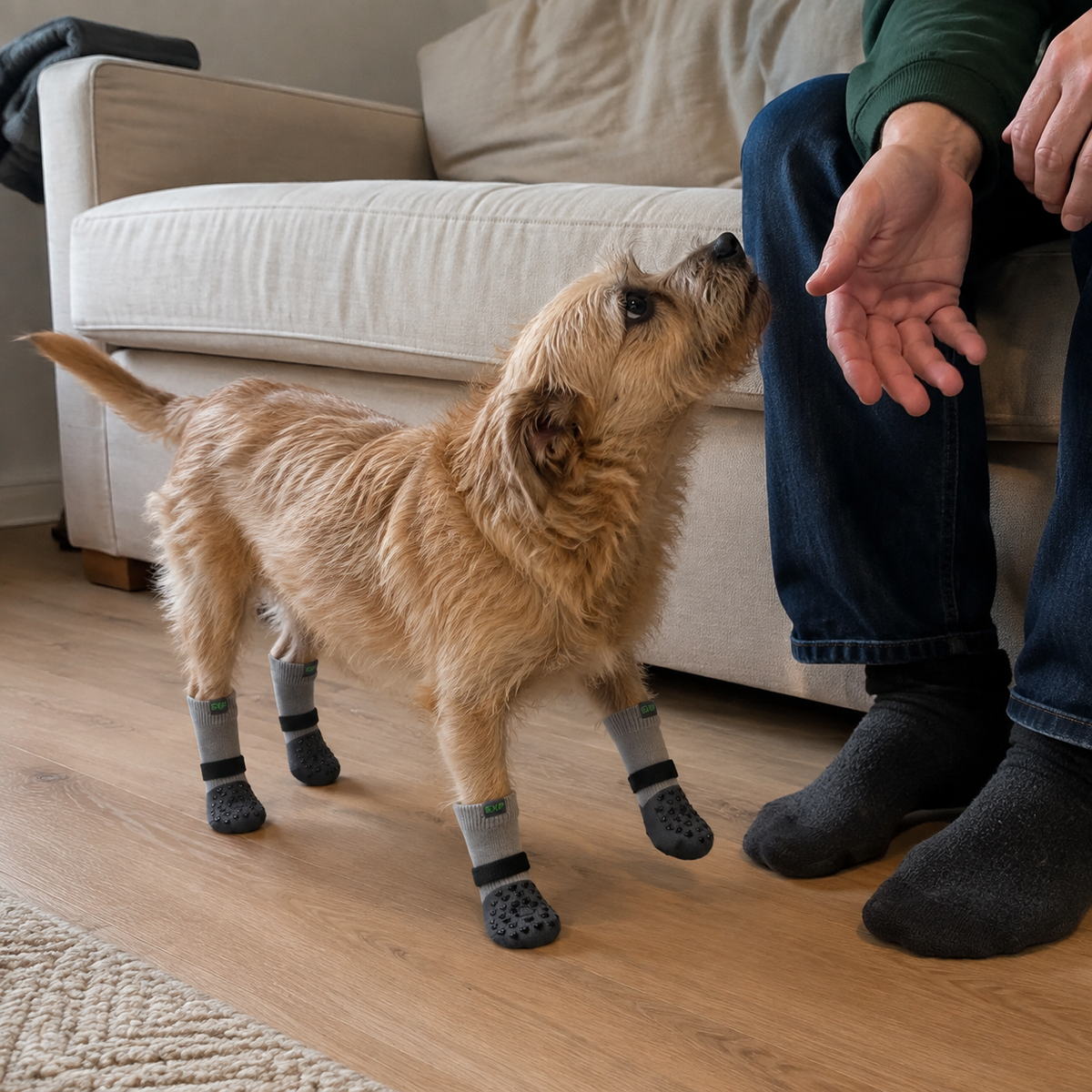 A small terrier wearing grey grip socks approaching its seated owner.
