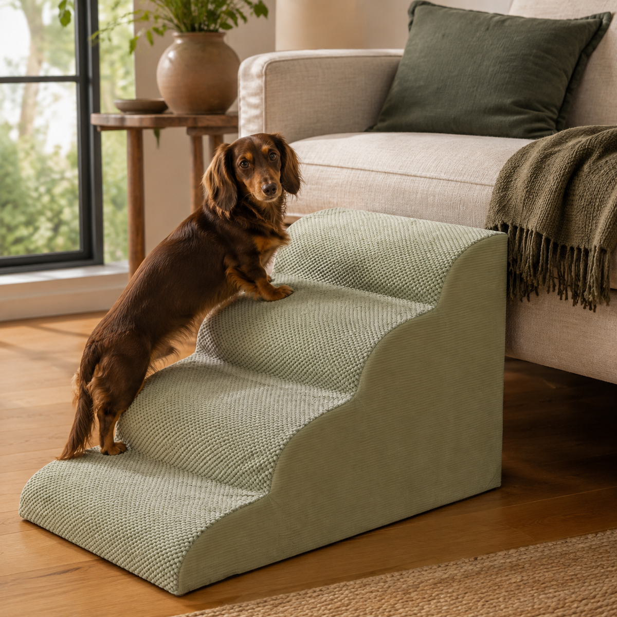 Soft Step Pet Stairs in sage green in an everyday setting