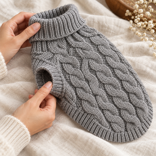 Cozy Cable Knit Dog Sweater in grey close-up detail