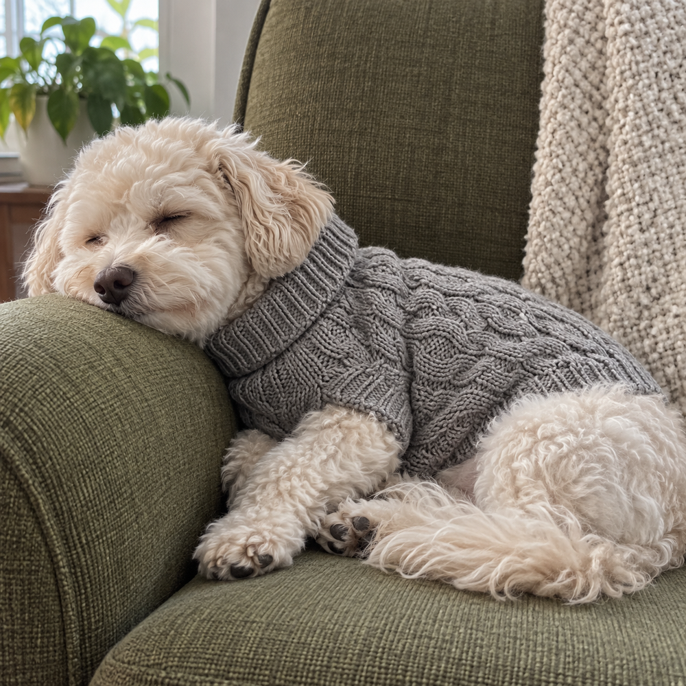 Cozy Cable Knit Dog Sweater in grey in a casual home scene