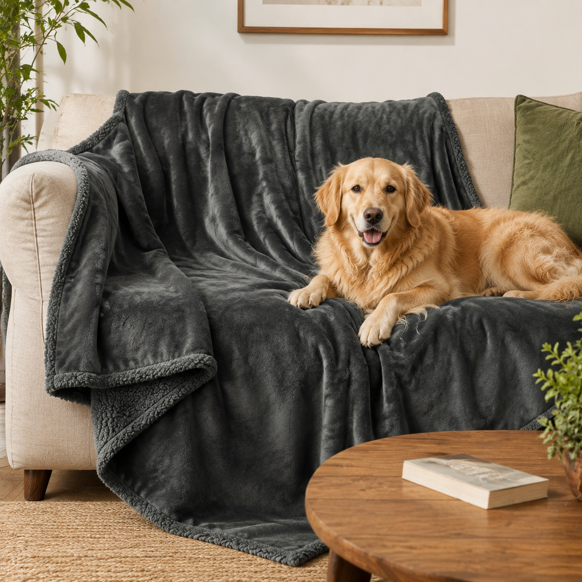 Everyday Waterproof Pet Throw in charcoal in an everyday setting